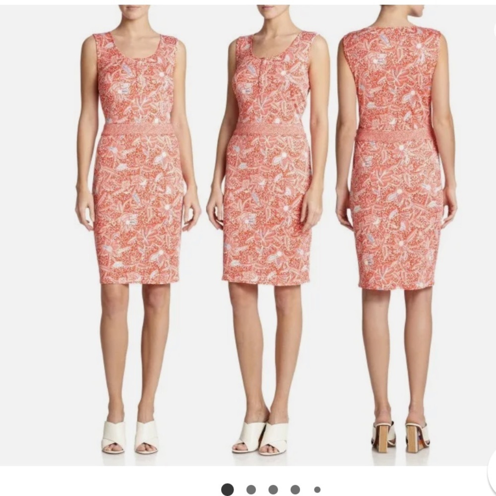 Tory Burch Orange Floral Stretchy Silk Knit Dress. Sleeveless Zippered Side Med